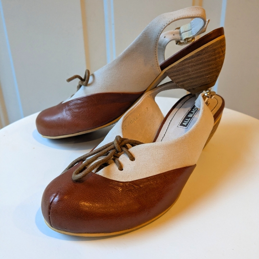 All Black Two-Tone Brown Cream Women's Shoes With Wood Heel Preppy Slingback 6.5